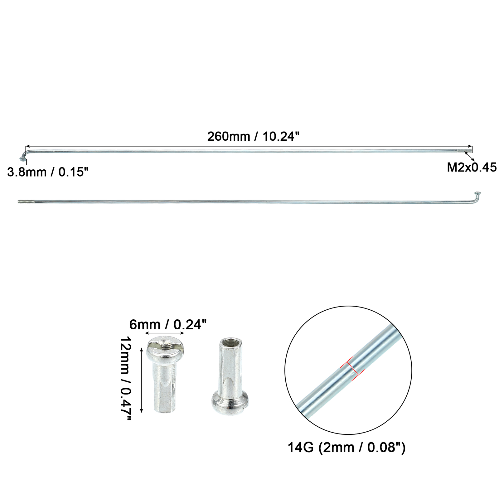 THIRTY SIX 14G J Bend 260mmx2mm Bike Bicycle Spokes with Nipples Steel Universal