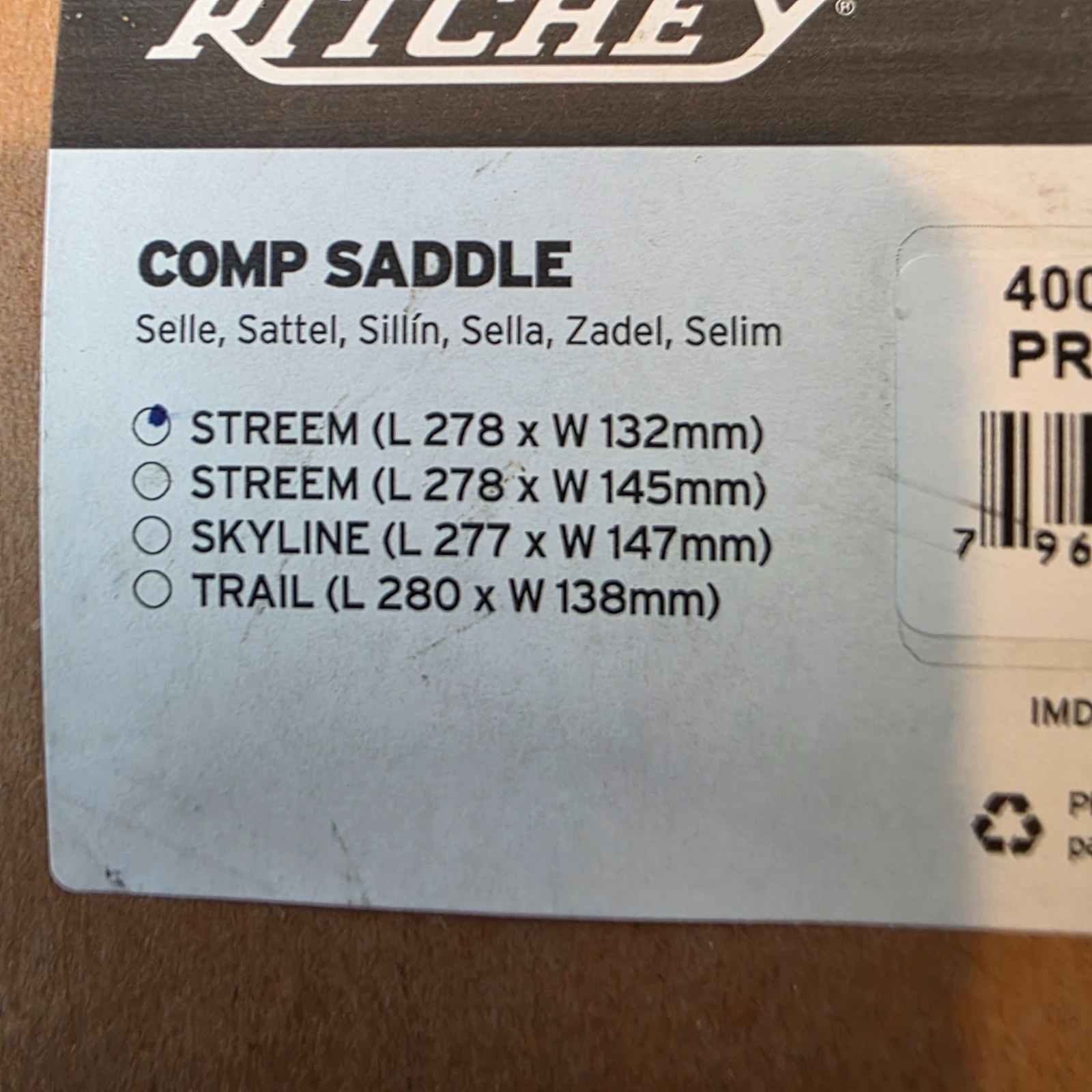 Ritchey Comp Streem saddle (278x132mm) Inox rails 306g – Brand New in box