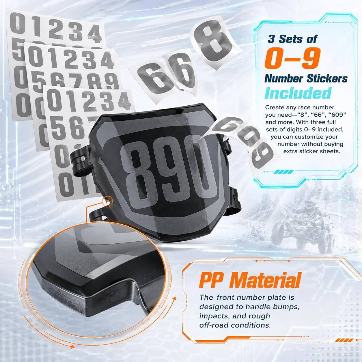 Universal Electric Dirt Bike Ebike Front Number Plate with 3 Set 0-9 -Number DIY