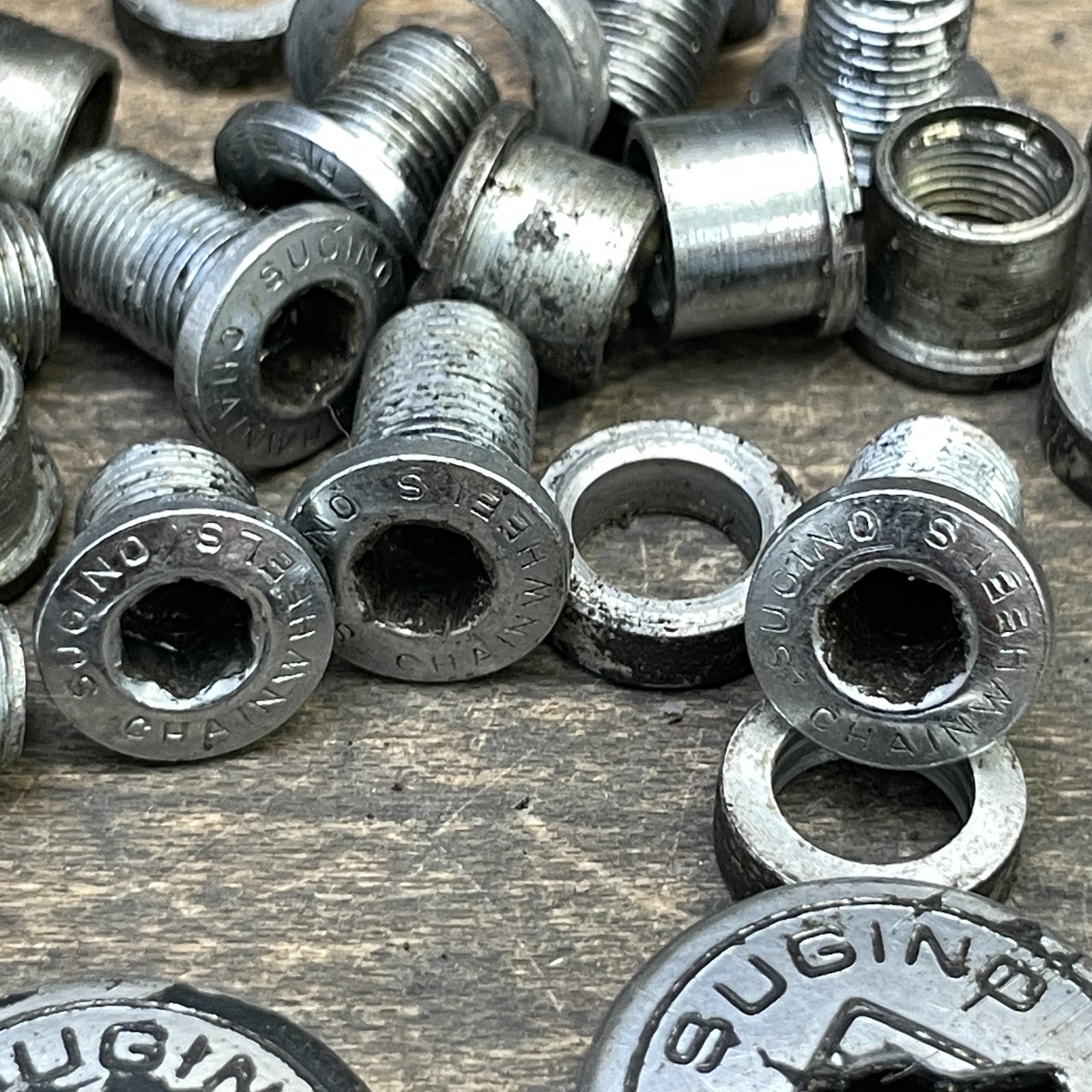 Vintage Sugino Triple Chainring Bolts Nuts Washers Dust Caps Lot Silver