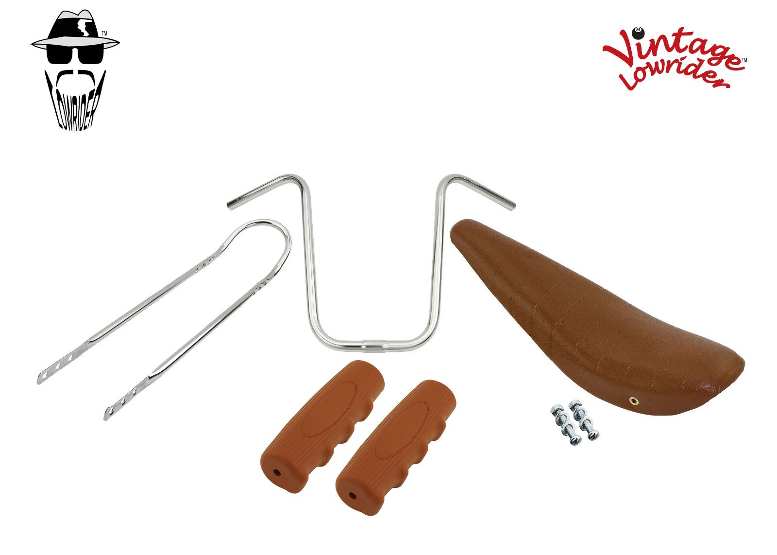 20″ VINTAGE LOWRIDER SOLID BROWN BANANA SEAT W/BROWN GRIPS, SISSYBAR & HANDLEBAR