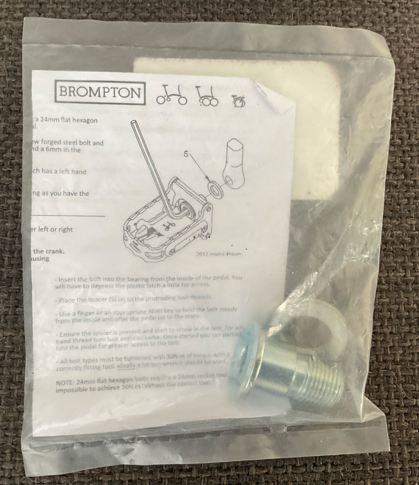Brompton Folding Pedal Axle/Bolt LH Thread Steel, Free Mainland Shipping