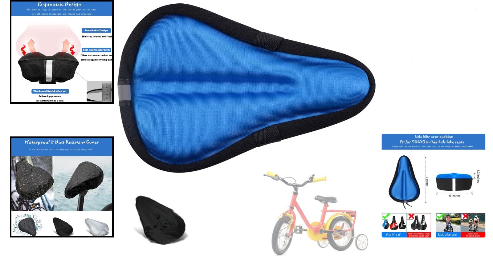 Kids Gel Bike Seat Cushion Cover Blue 9×6 Inch Memory Foam Waterproof Kids Bi…