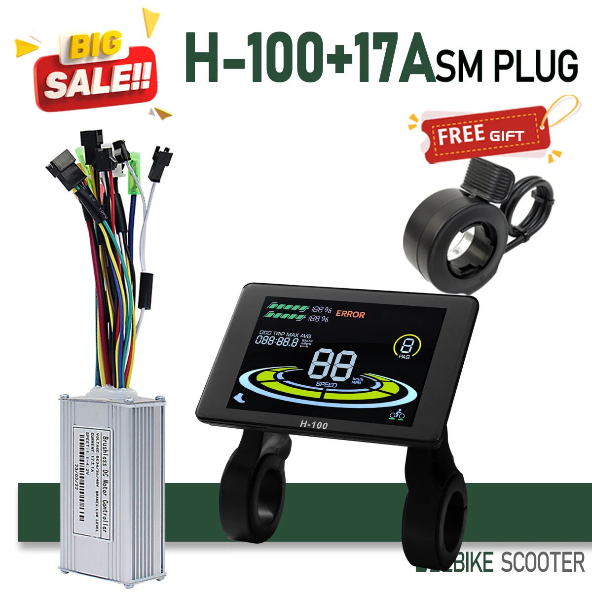 Electric Bike Sinewave 3 Mode 17A26A30A40A Controller 24V/36V/48V/52V Motor