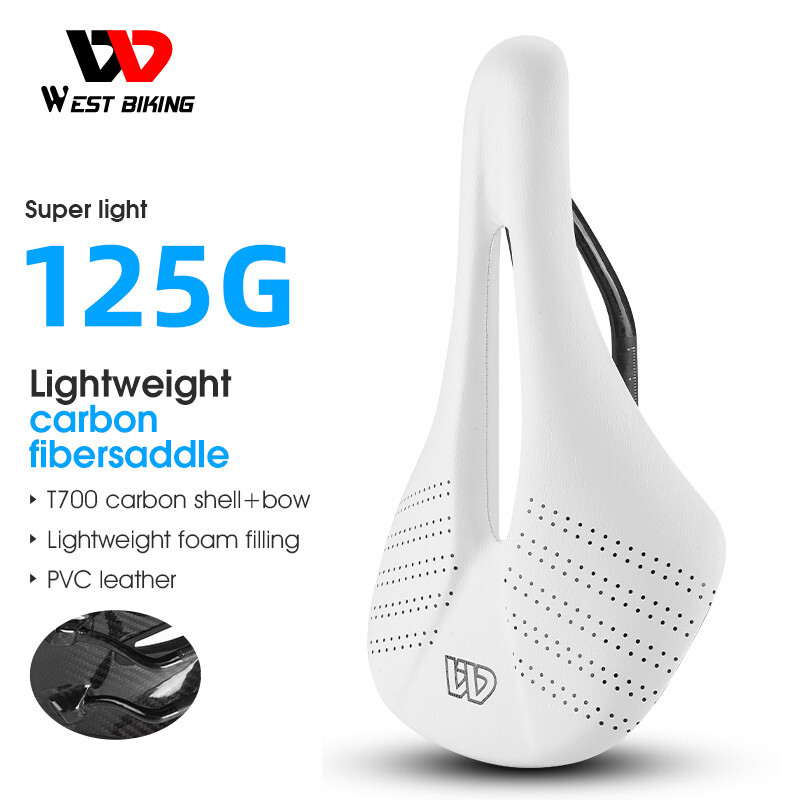 WEST BIKING PVC Leather Carbon Fiber Bike Saddle Bicycle Saddle Cushion White