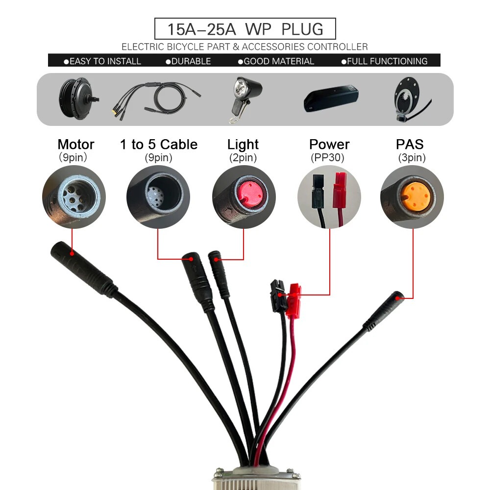 Ebike Controller 36V 48V 250W-1500W Waterproof Plug 15A/17A/22A/25A/30A/35A