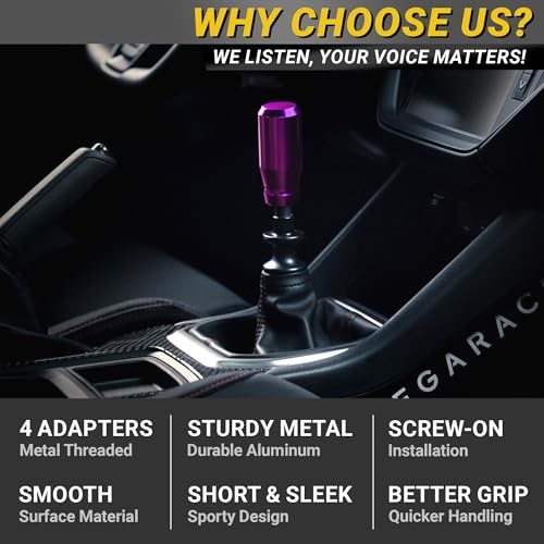 Premium Metallic Shift Knob – 4 Metal Threaded Adapters, Purple Short Cylinder