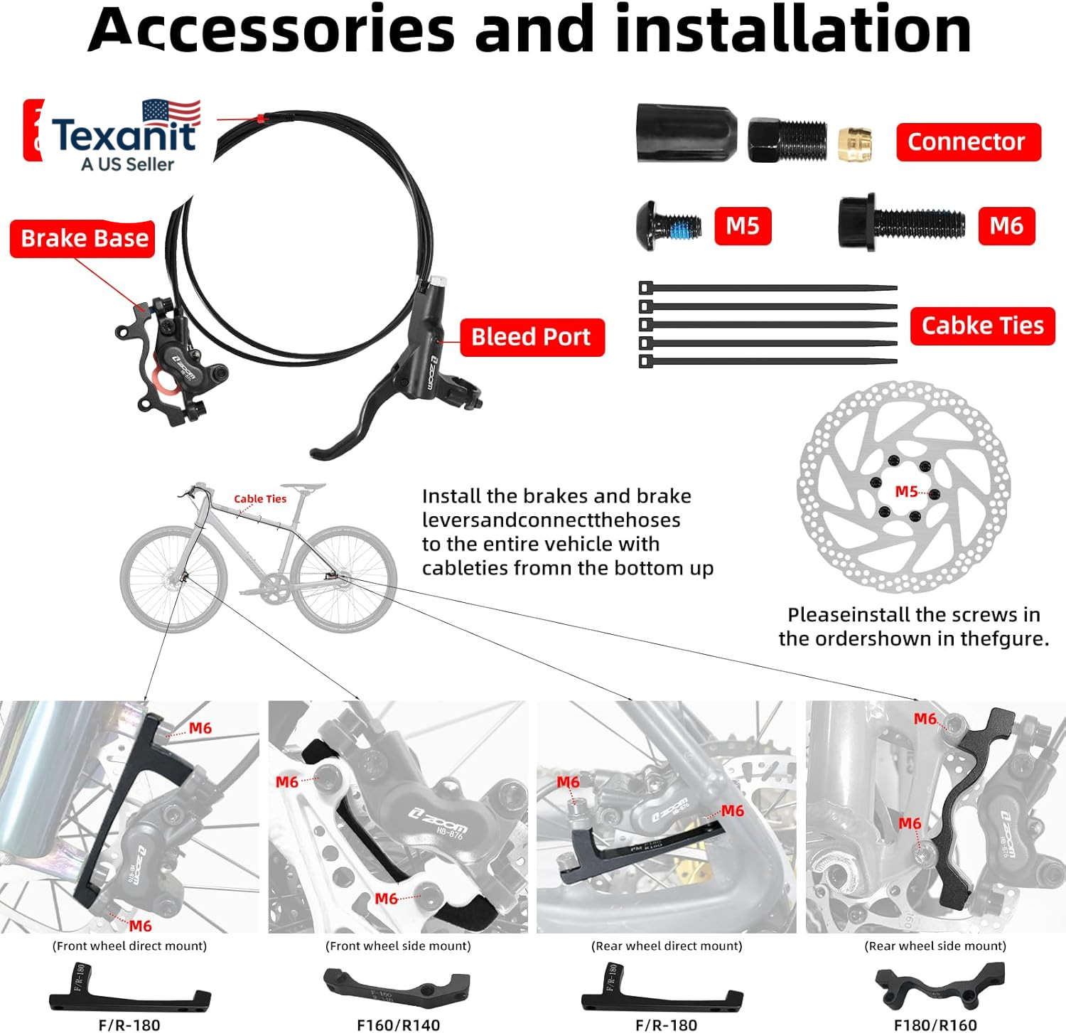 Z00M HB876E 2-PIN 4-Pistons E-Bike Electric Power-Off Hydraulic Brake Set, Pre-B