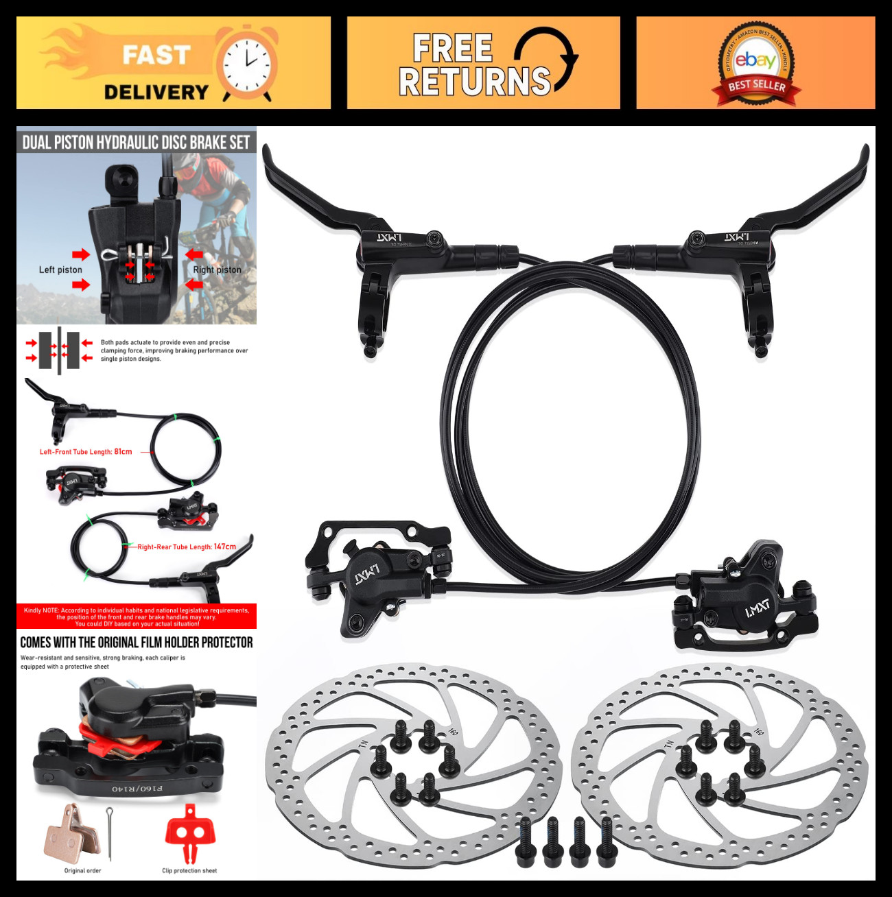 Hydraulic MTB Disc Brake Set with 160mm Rotors, Aluminum Calipers for Mountain &