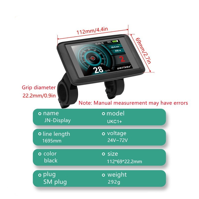 E-Bike Compatible UKC1+ Smart LCD Color Screen with light wire 5PIN SM plug.