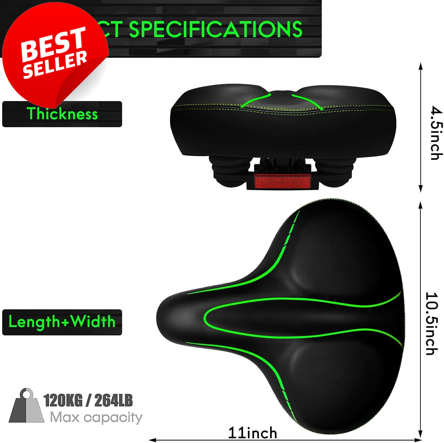 Oversized Bike Seat Wide Comfort Saddle Waterproof with Reflective Strip – US