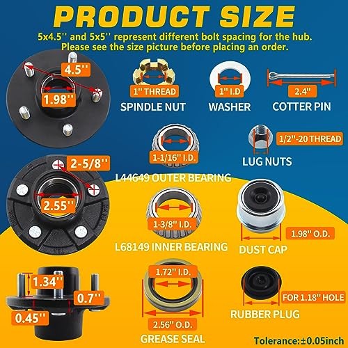 2Sets Trailer Hub Kits 5 on 4.5 for 3500 lbs 1-1/16» to 1-3/8» Tapered Axle,