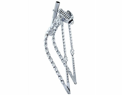 26″ VINTAGE LOWRIDER BENT SQUARE SPRING FORK 1″ W/TWISTED CAGE BARS IN CHROME