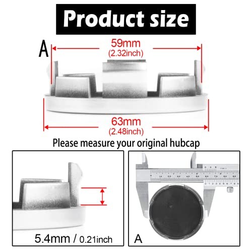 4Pcs 63mm(2.48inch) Wheel Center Caps for 63mm Outer, 59mm Inner, Silver Silver