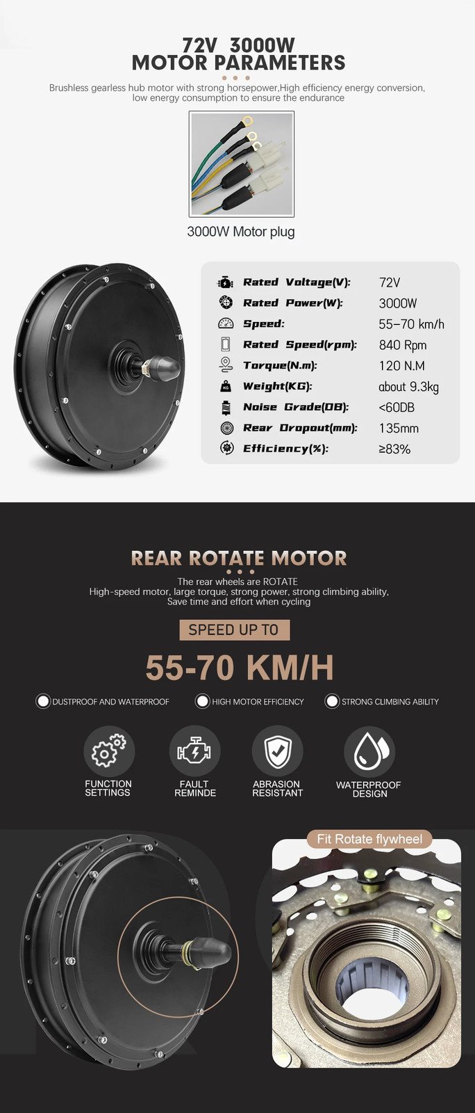 E-bike Conversion Kit 72V 3000W Brushless Rear Wheel Hub Motor Dropout 135mm