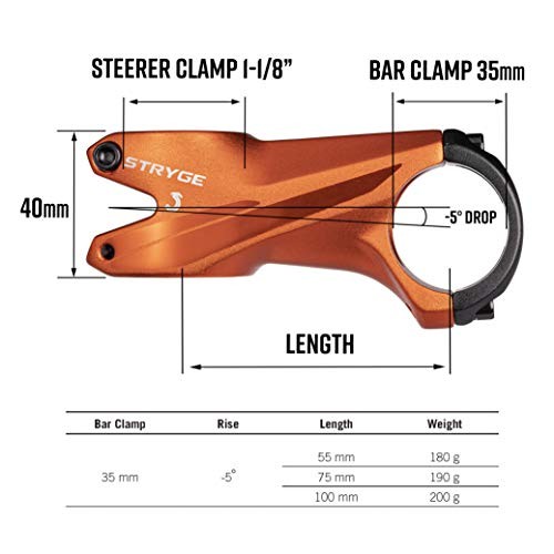 Stryge Bike Drop Stem -5 Degree Length, 35mm Bar Clamp, Mountain, 75mm Black
