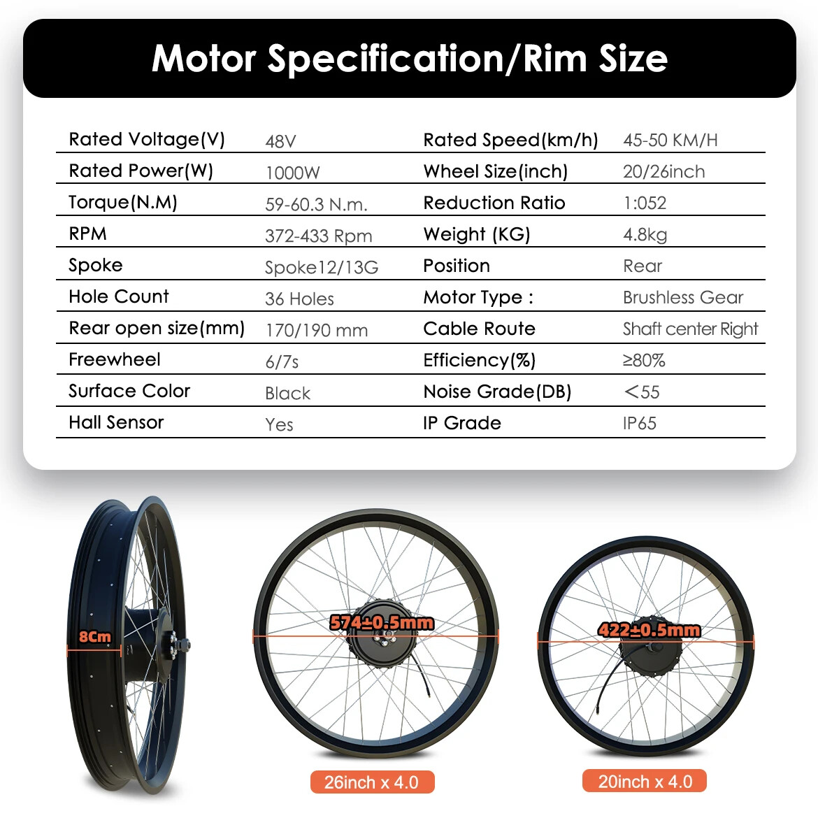 48V 1000W 20 24 26in Snow Fat Ebike Conversion Kit Rear Brushless Gear Hub Motor