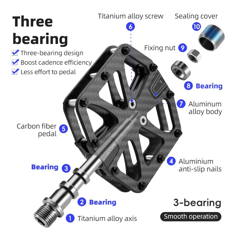 ROCKBROS Bicycle Carbon Pedal Titanium Axle Super Light 3Bearing Anti-Skid Pedal