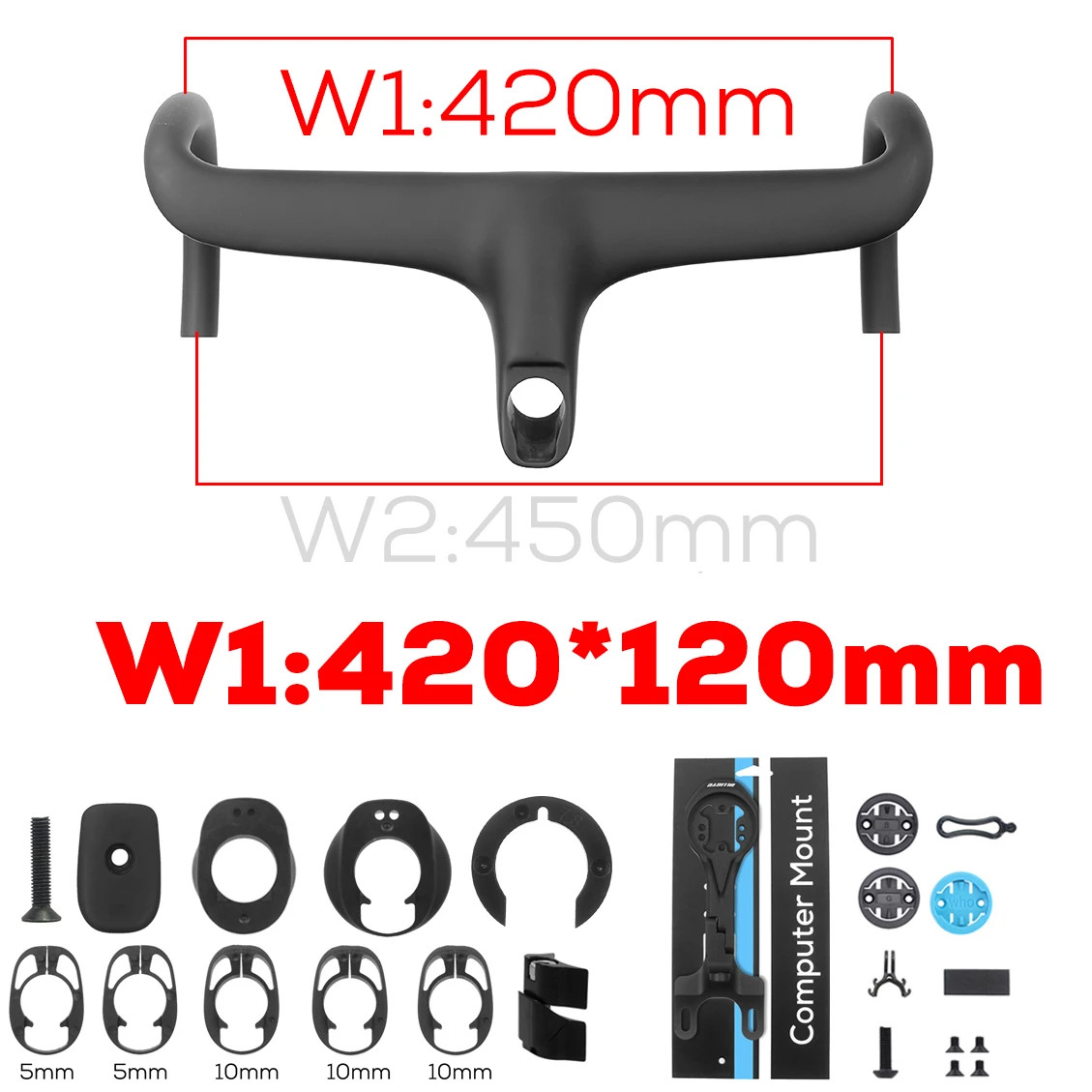 Road Bike Full Carbon Fiber Integrated Handlebar 360mm-380mm with Mount Spacers
