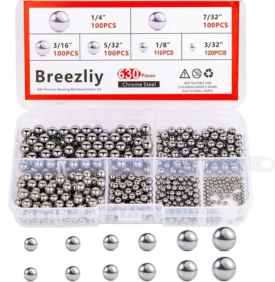 Assorted 630 Chrome Steel Bearing Balls: 1/4″, 7/32″, 3/16″, 5/32″, 1/8″, 3/32″