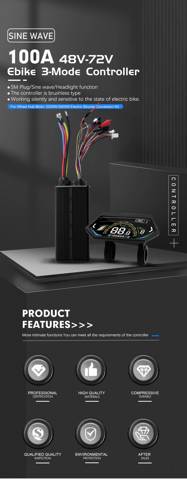 E-bike Sine Wave Controller 100A Three-Mode 48V 72V with UKC1 LCD Color Display