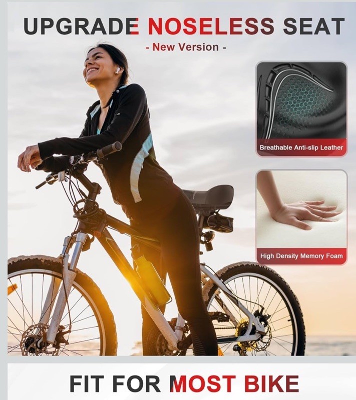 BLUEWIND Noseless Oversized Bike Seat, Memory Foam, 2X As Large, Fits Most Bikes