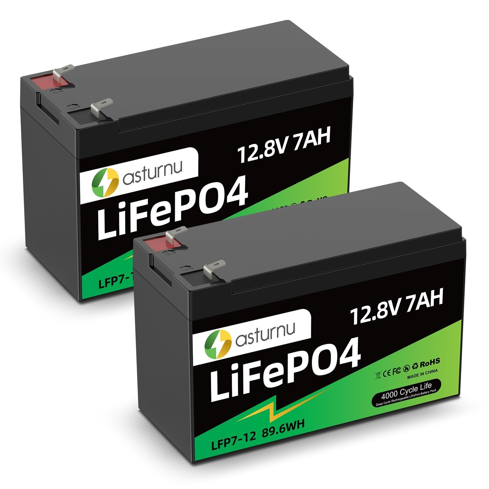 12V 7Ah(8Ah) Lithium LiFePO4 Battery (2 Packs), 4000+ Deep Cycle Lithium Iron…