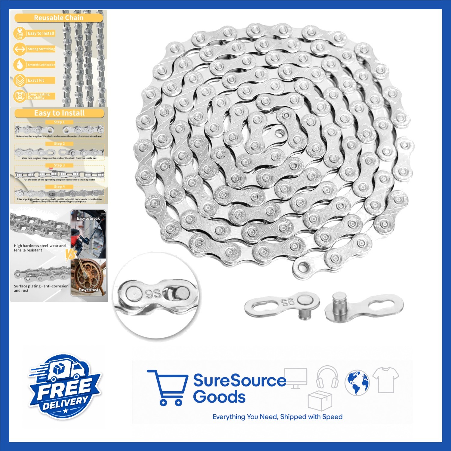 Alloy Steel Bike Chain 9/18/27 Speed for MTB and Road Bikes with Quick Link