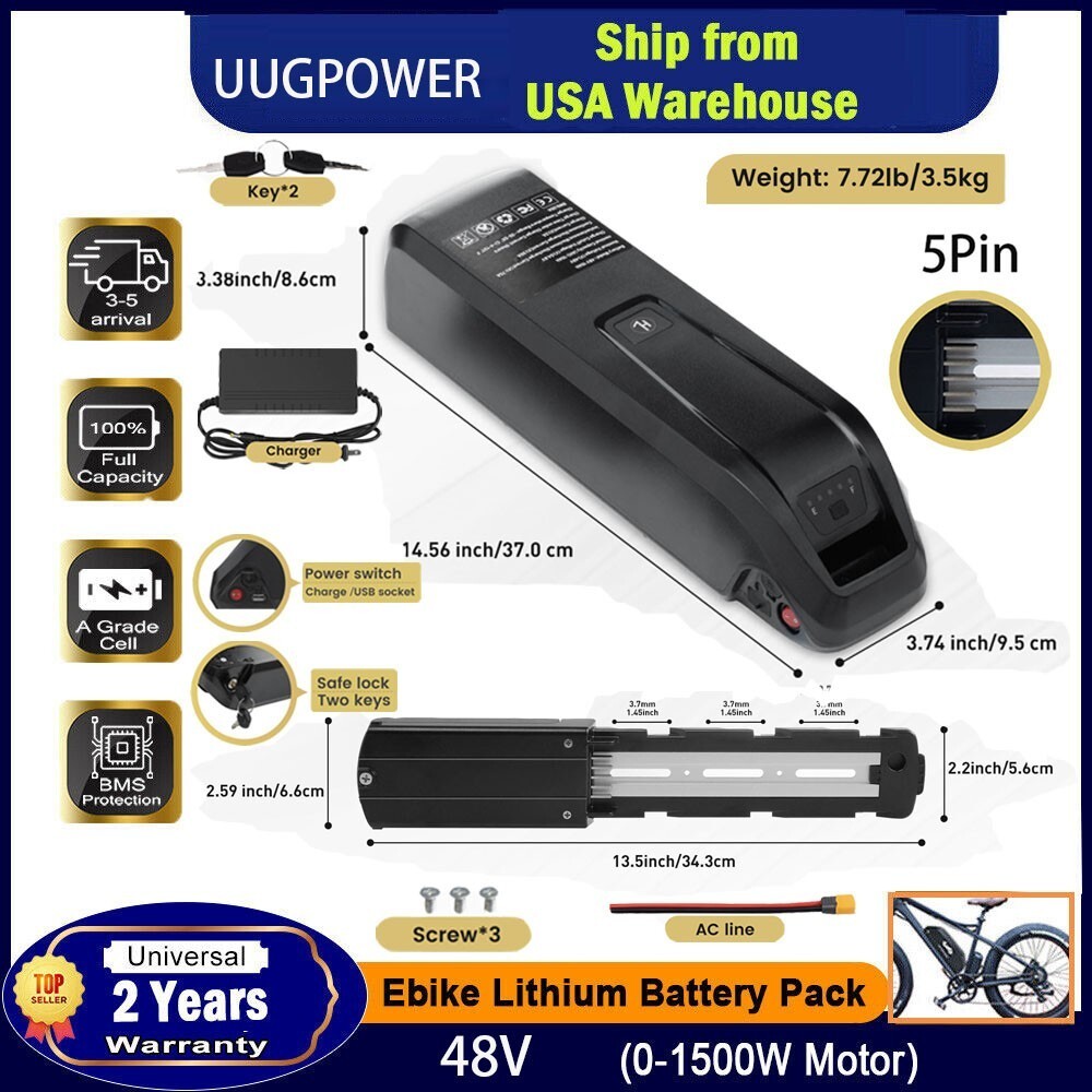 48V Ebike Battery 5-Pin for 200W ~ 1500W Electric Bike Bicycle Motor & 40A BMS