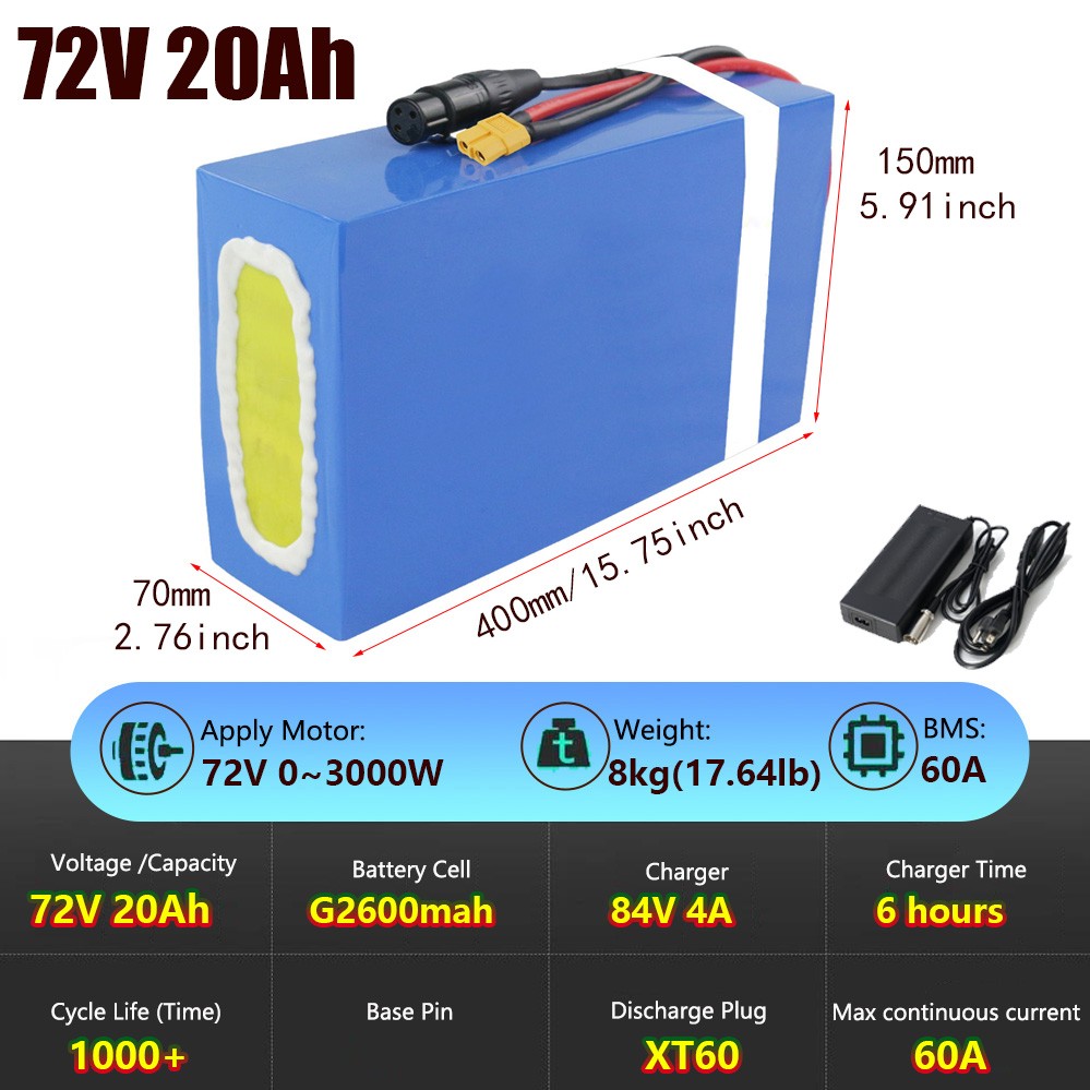 72V 40Ah E-bike Battery with 100A BMS Lithium Pack for 0-5000W Motor Waterproof