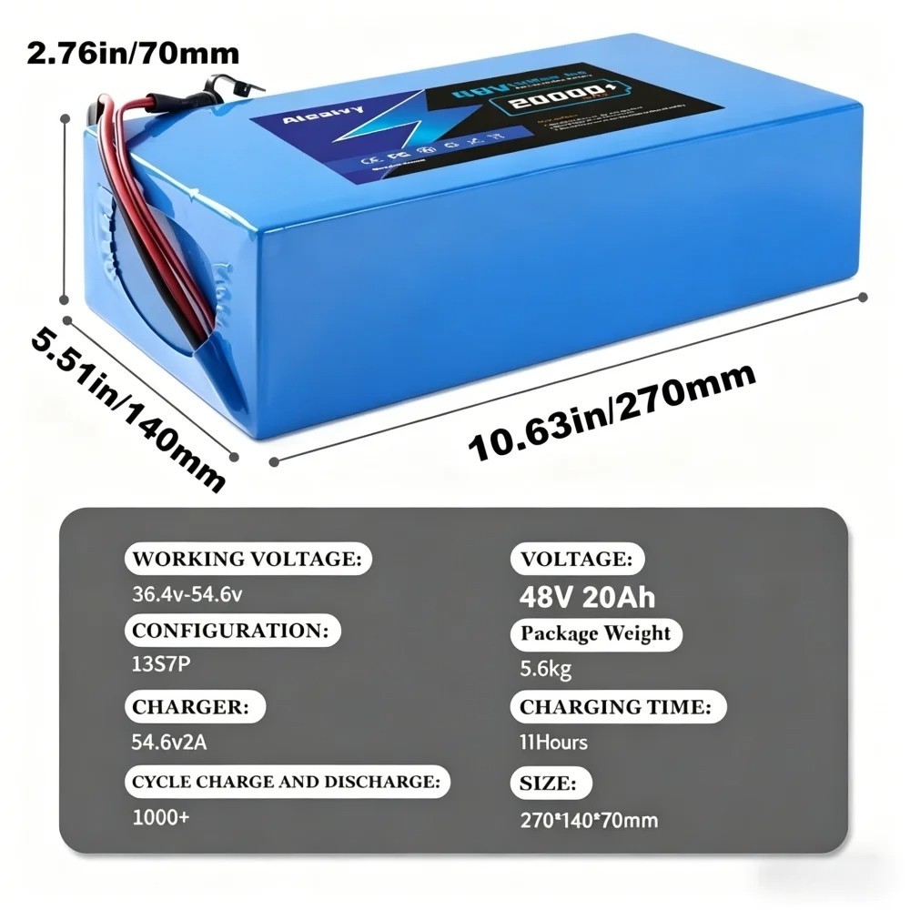48V 20Ah Lithium-ion Battery Pack with BMS Replacement Battery for 500W