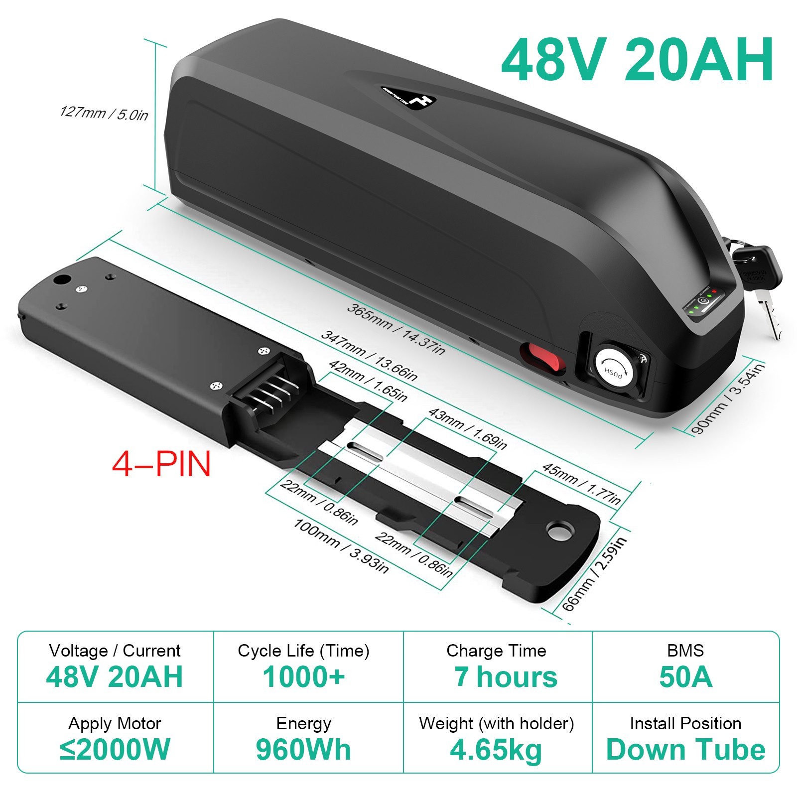 4-PIN 48V 20AH EBike LG Cells Lithium Battery PACK For 5~2000W Electric Bike