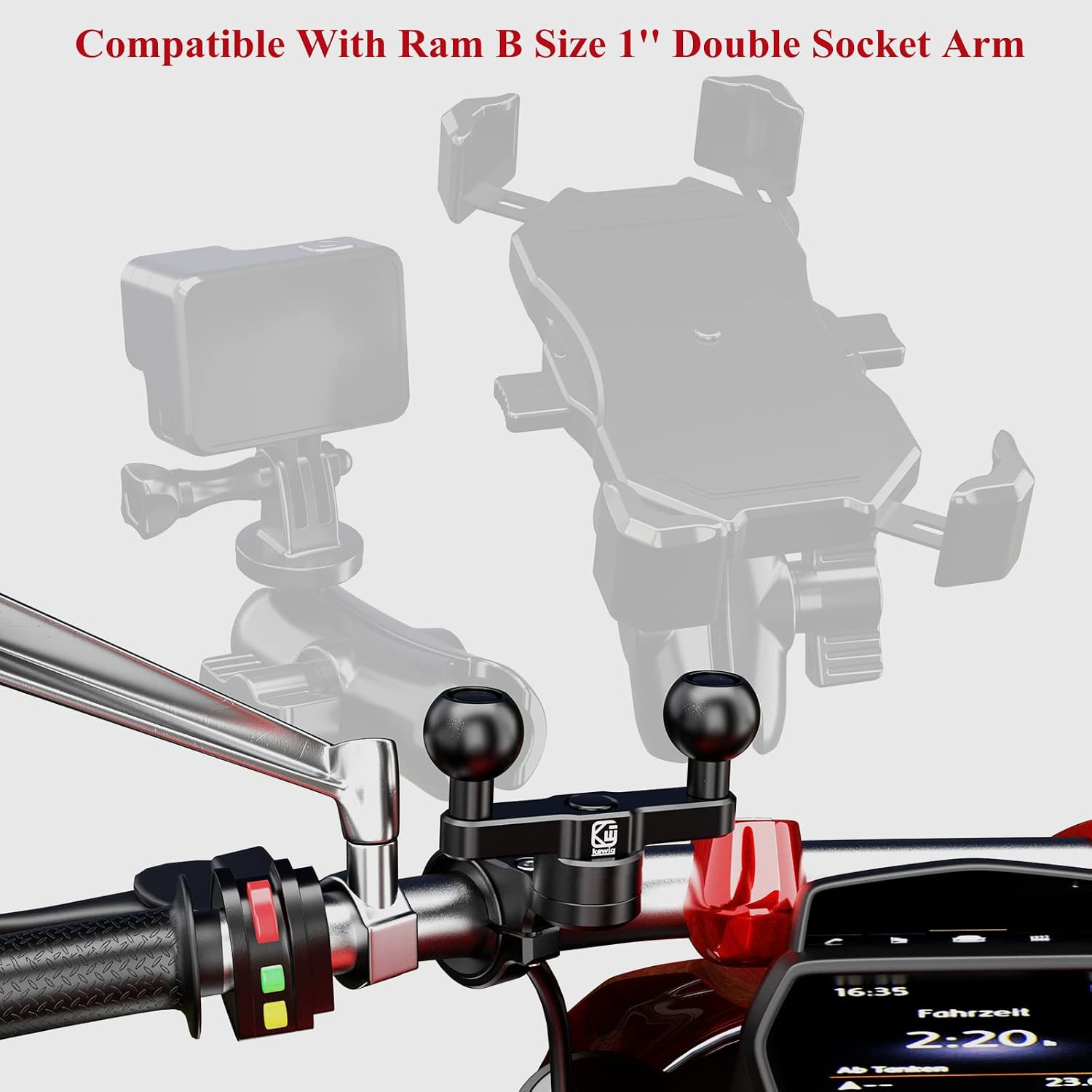 Aluminum Alloy Handlebar Clamp Mount Base with Double 1» TPU Ball |