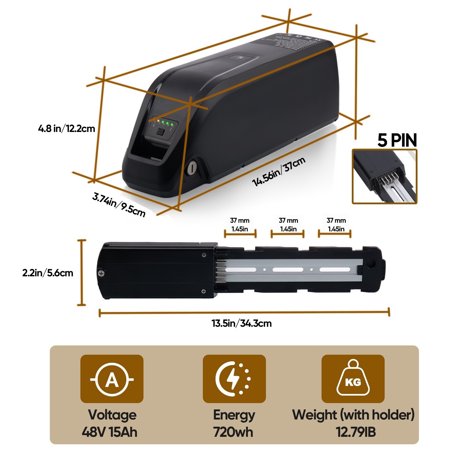Ebike 5PIN Hailong Lithium Battery BMS 48V 15Ah for Electric Bike ≤1500W Motors