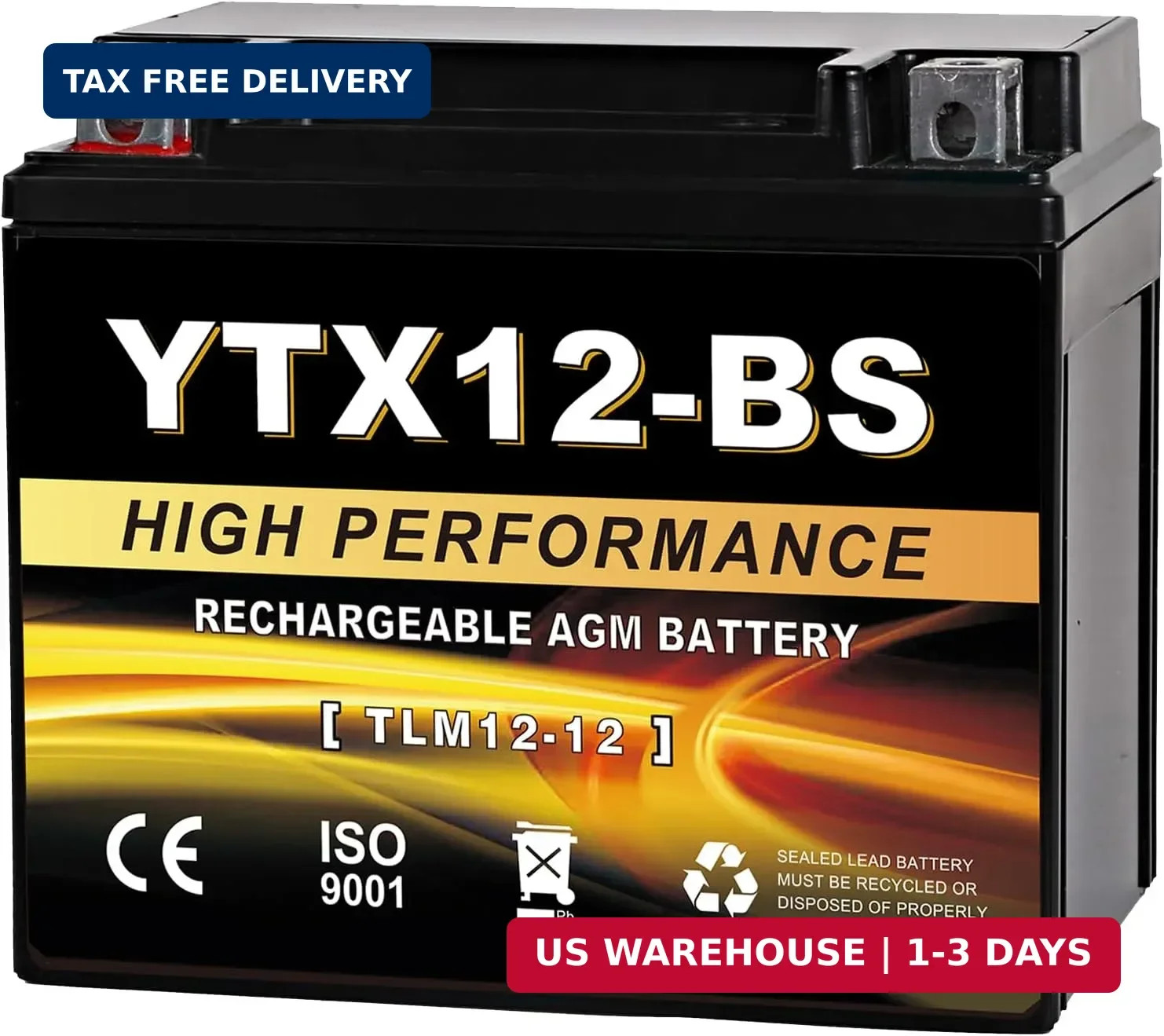 YTX12-BS 12V 10Ah AGM Sealed Motorcycle Battery, Maintenance-Free, Compatible wi