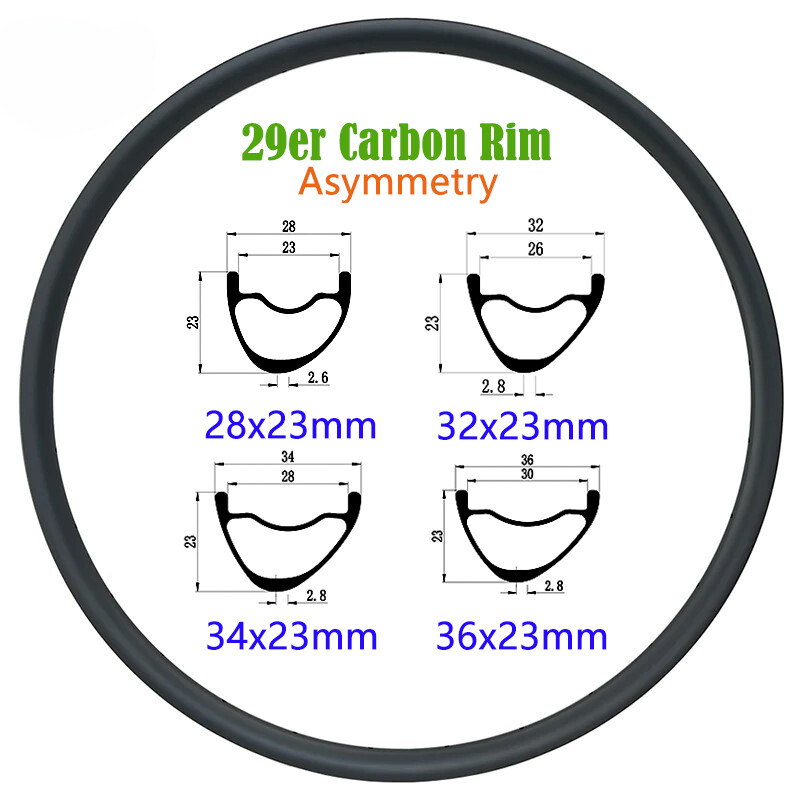 29er MTB Bicycle Carbon Rim Asymmetry 28 32 34 26mm Wide Tubeless Matte Glossy