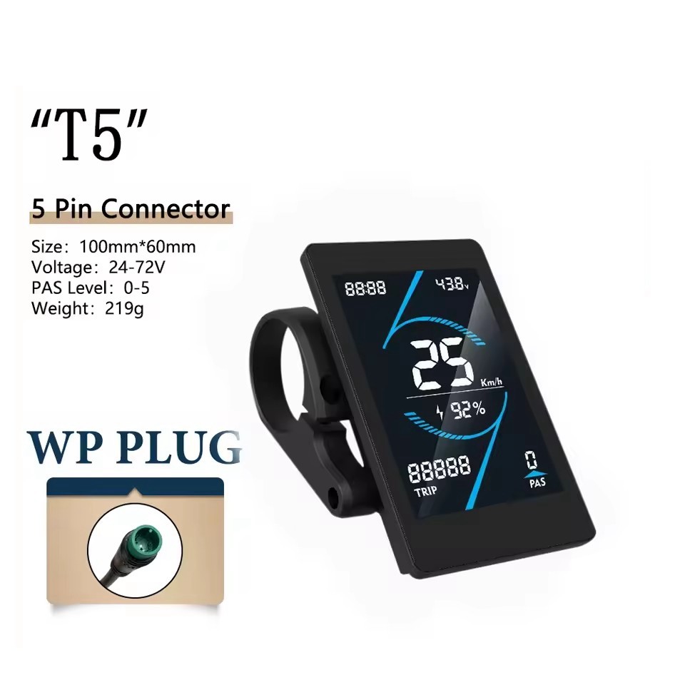 E-Bike Colour T5S LCD Display Power Speed Meter Control Panel 24V-72V SM/WP Plug