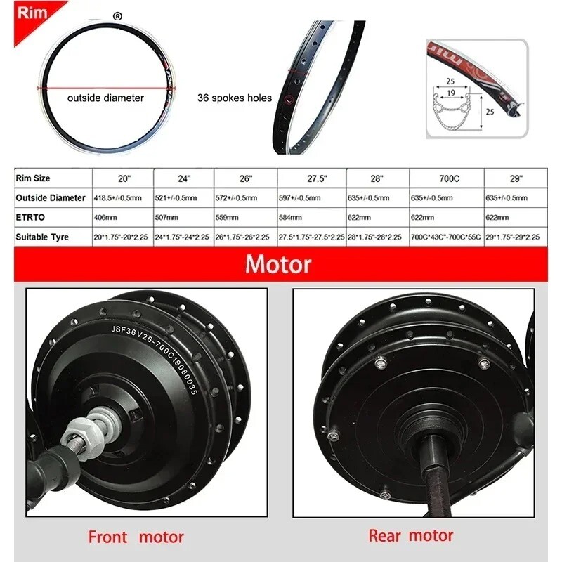 36V/48V 250W/350W/500W MTB E-bike Front/Rear Brushless Gear Hub High Speed Motor