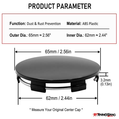 65mm (2.56in) / 62mm (2.44in) Wheel Hub Center OD: 2.56 in, ID: 2.44 in Black