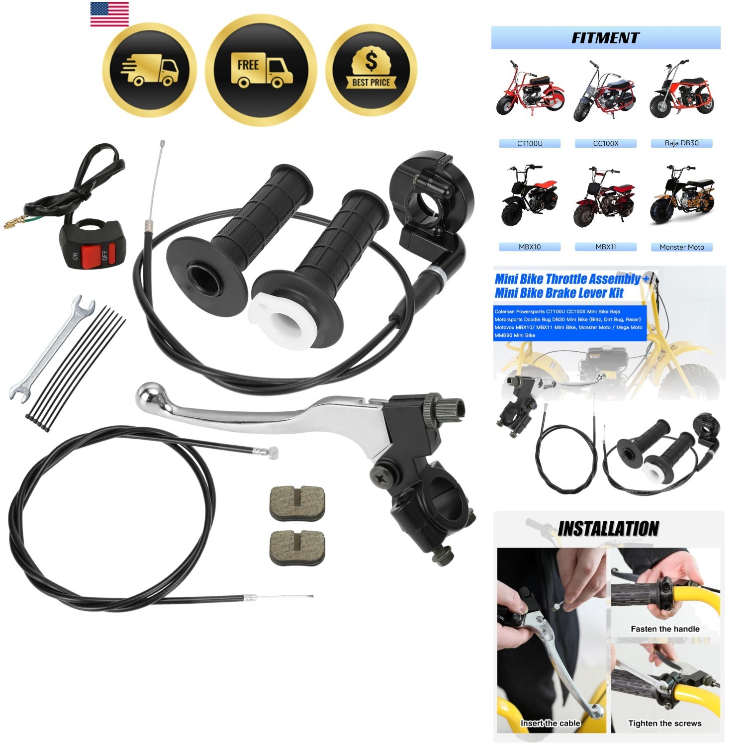 Mini Bike Throttle Assembly Kit Brake Lever for Coleman Baja Doodlebug 22mm