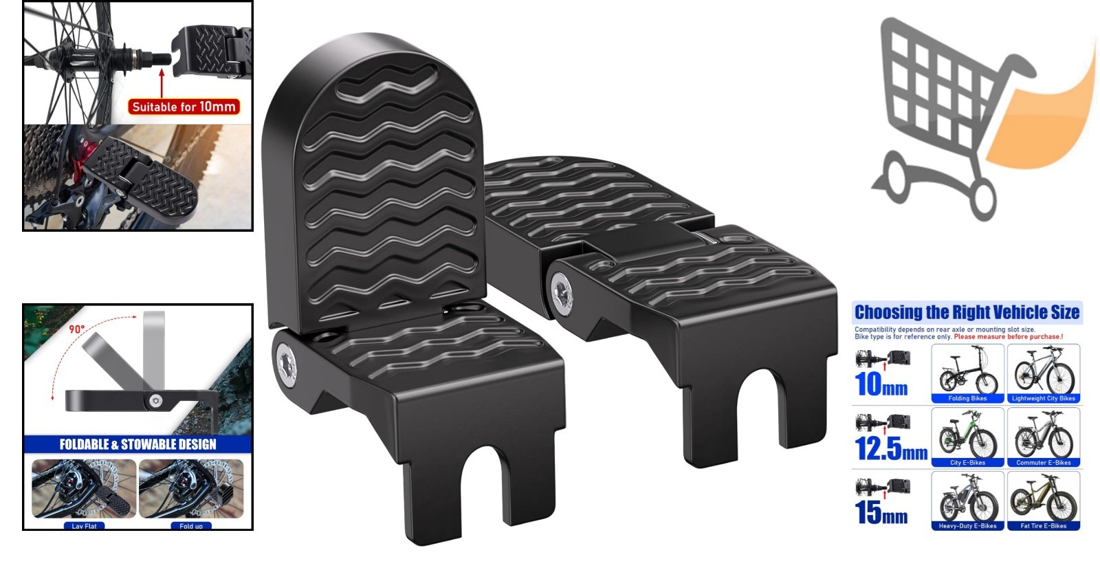 Bike Rear Pedals Aluminium Foldable Non-Slip Foot Pegs for E-Bike Mountain Bike