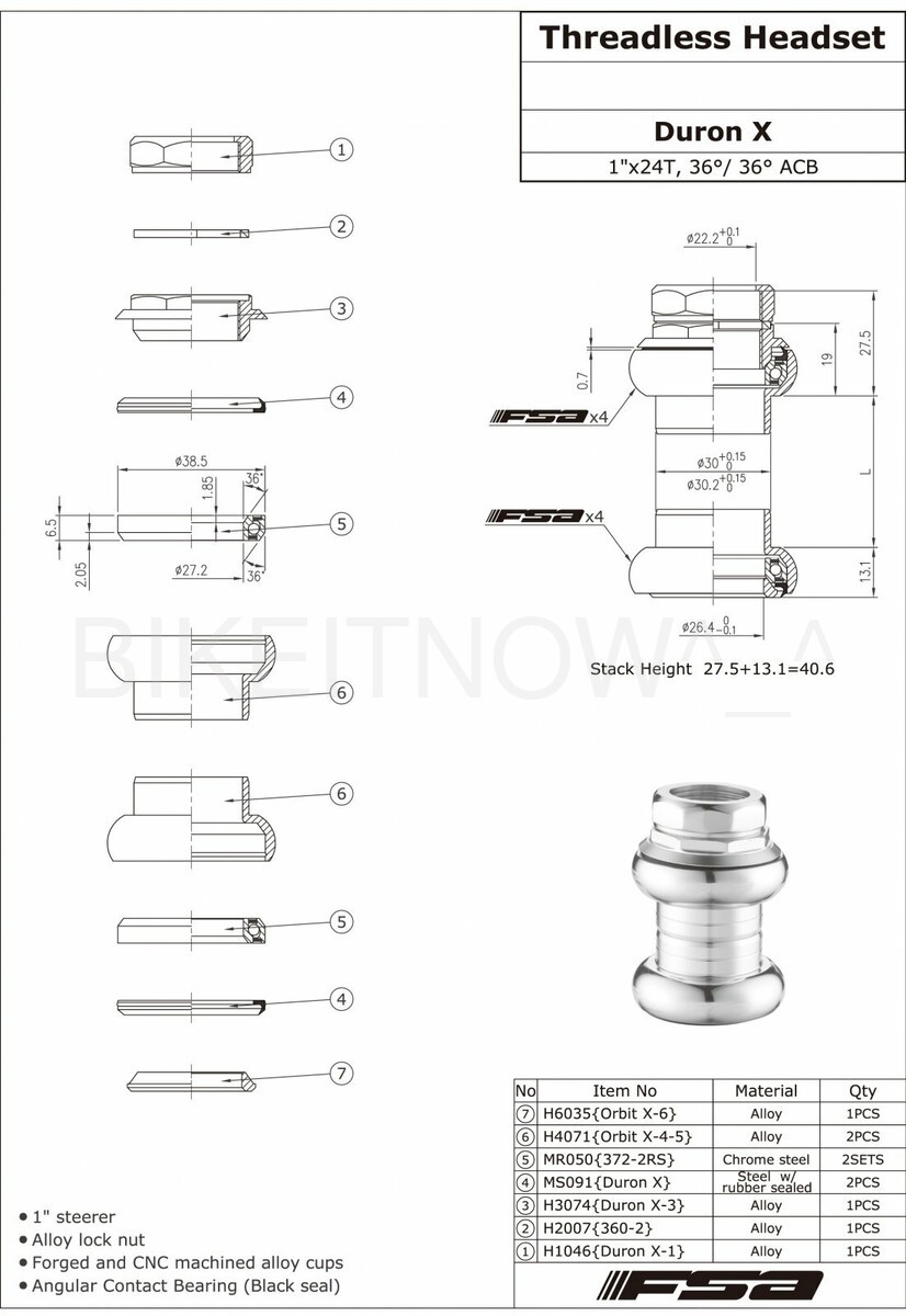 Fsa Duron X 1″ Threaded Headset Sealed Bearings 22.4/26.4mm Silver w/top cap