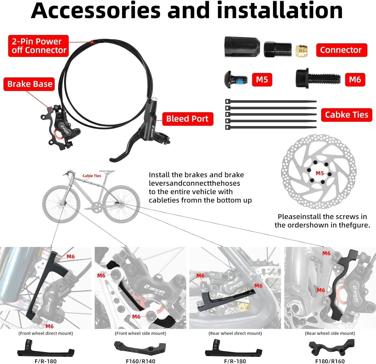 Z00M HB876E 2-PIN 4-Pistons E-Bike Electric Power-Off Hydraulic Brake Set