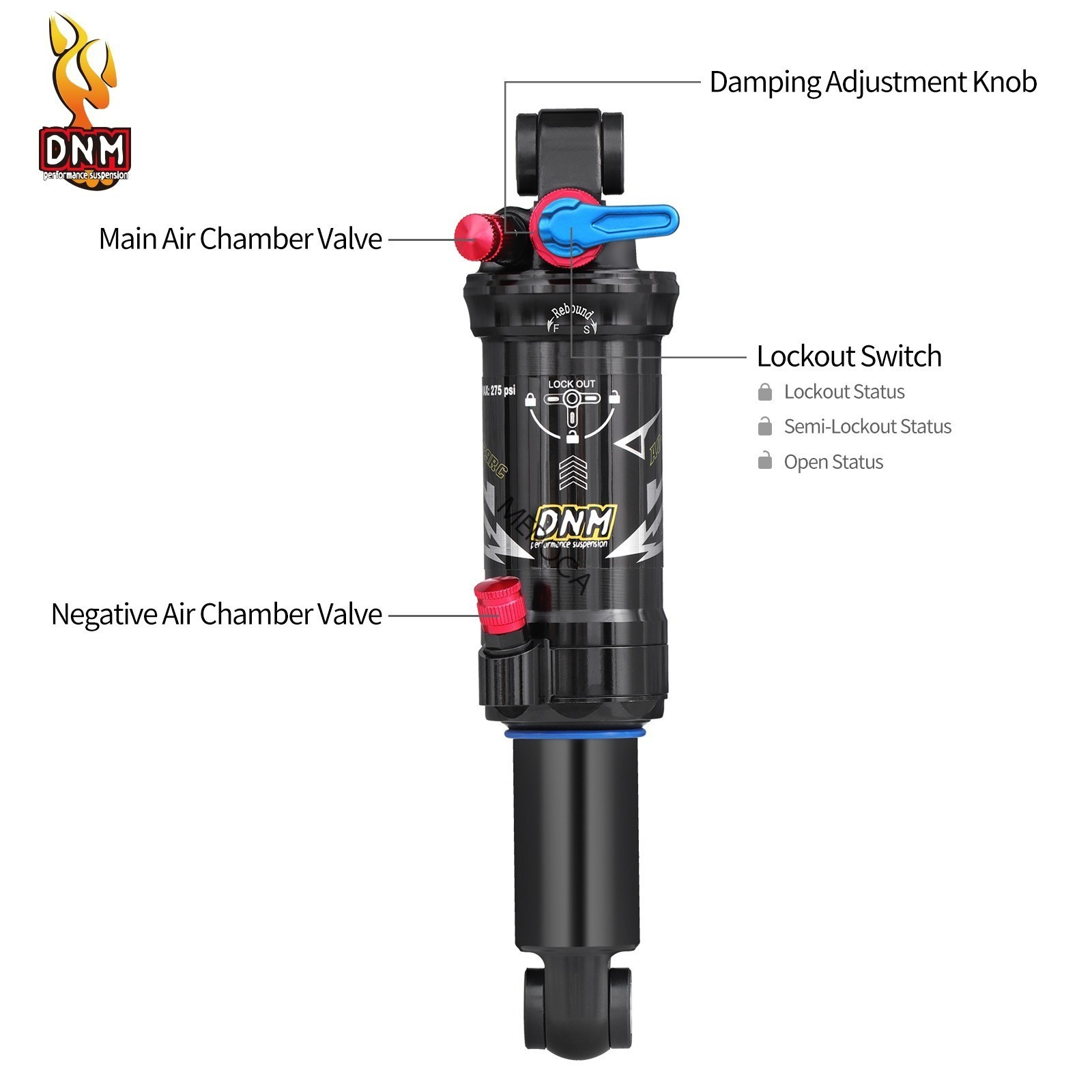 DNM AO39RC Dual Air Rear Shock Mountain Bike Shock 3-Step Lockout 165/190/200mm