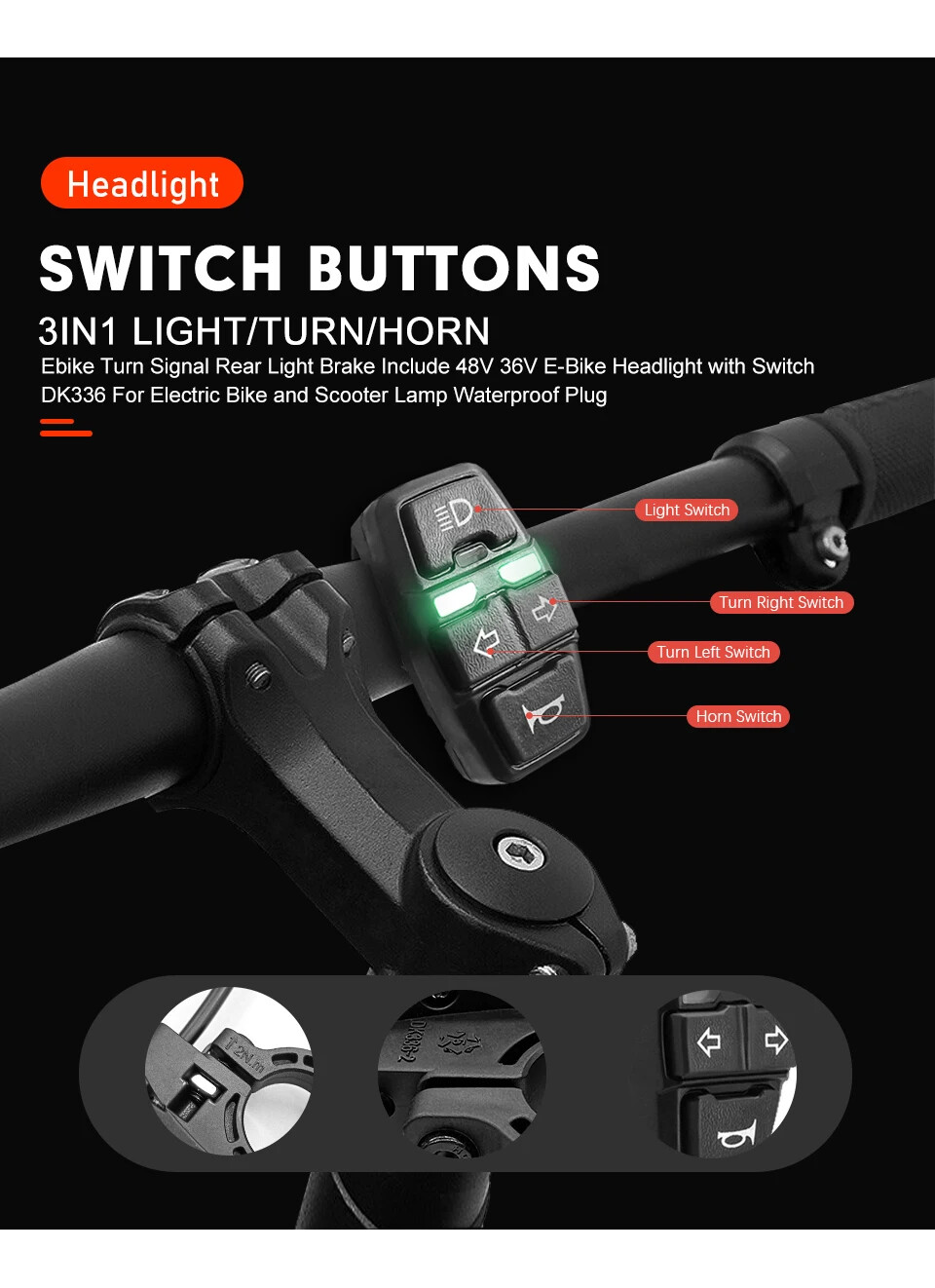 Electric Bike Waterproof Headlight and Rear Light Set 36V/48V DK336 Switch Cable
