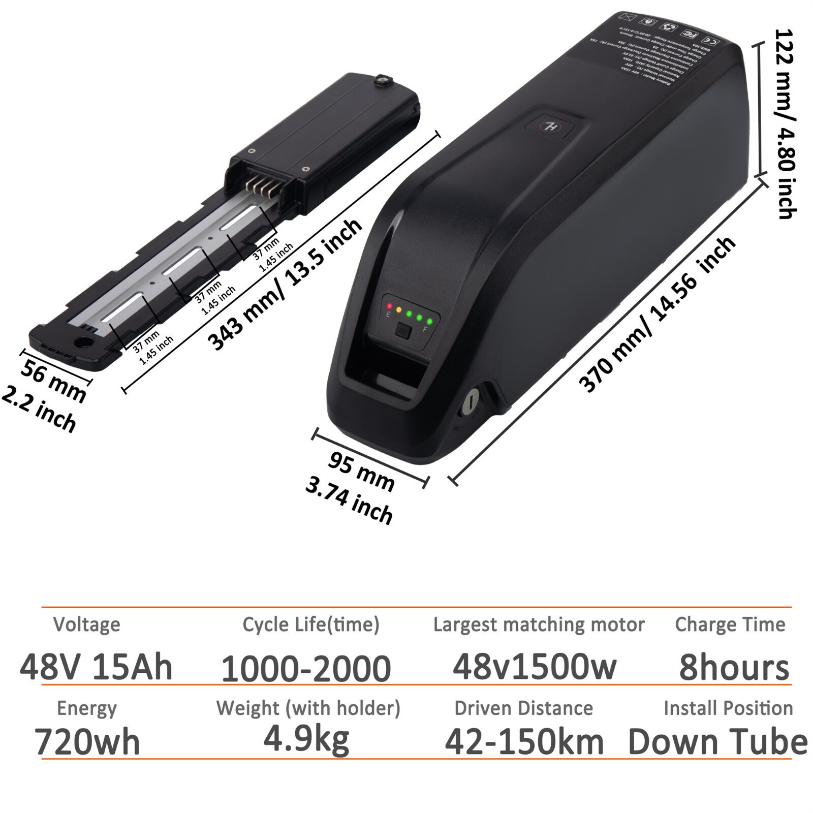 48V 36V 10Ah 15Ah Ebike Lithium Battery for 50W-1500W Electric Bicycle Downtube