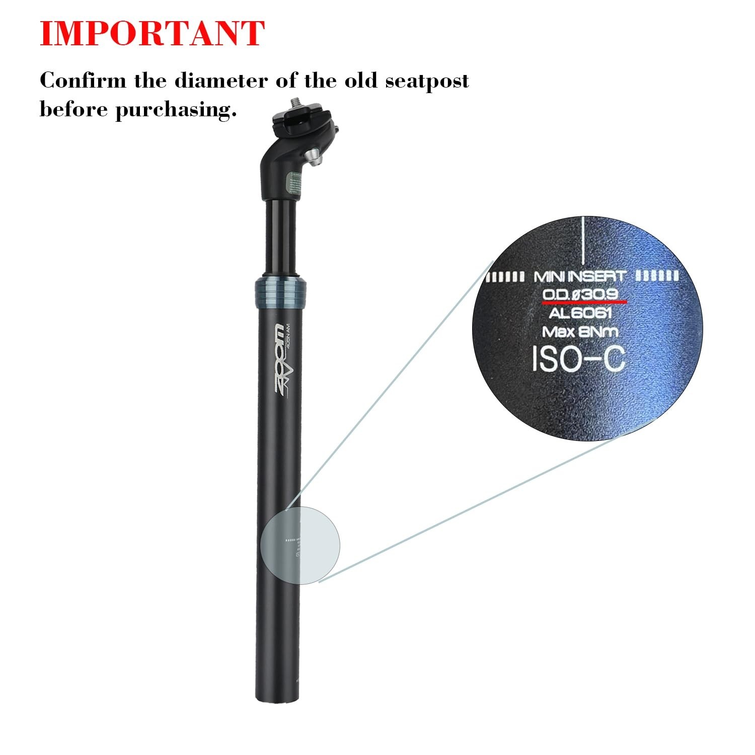 Zoom Bicycle Suspension Seatpost for eBike, Suitable for Riders 130-220lbs (6…