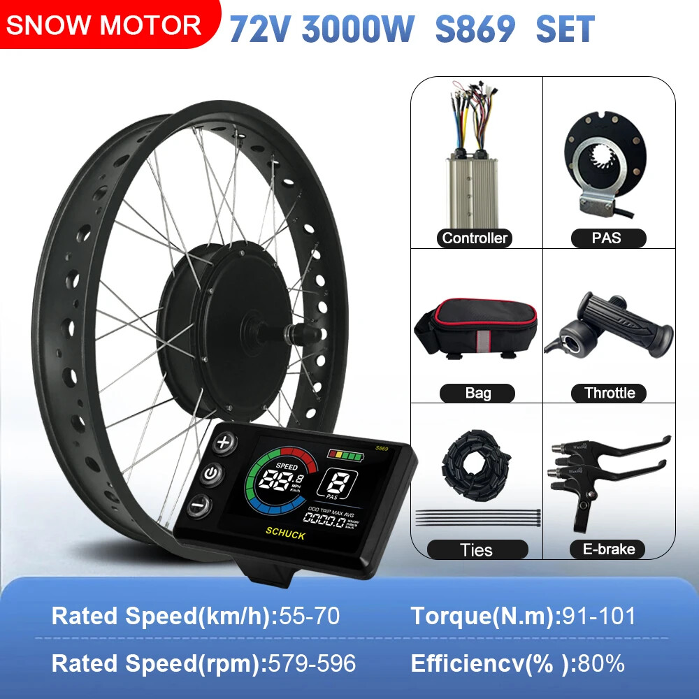 72V 3000W 20 24 26×4.0» Snow Ebike Fat Tire Rear Rotate Hub Motor Dropout 170mm
