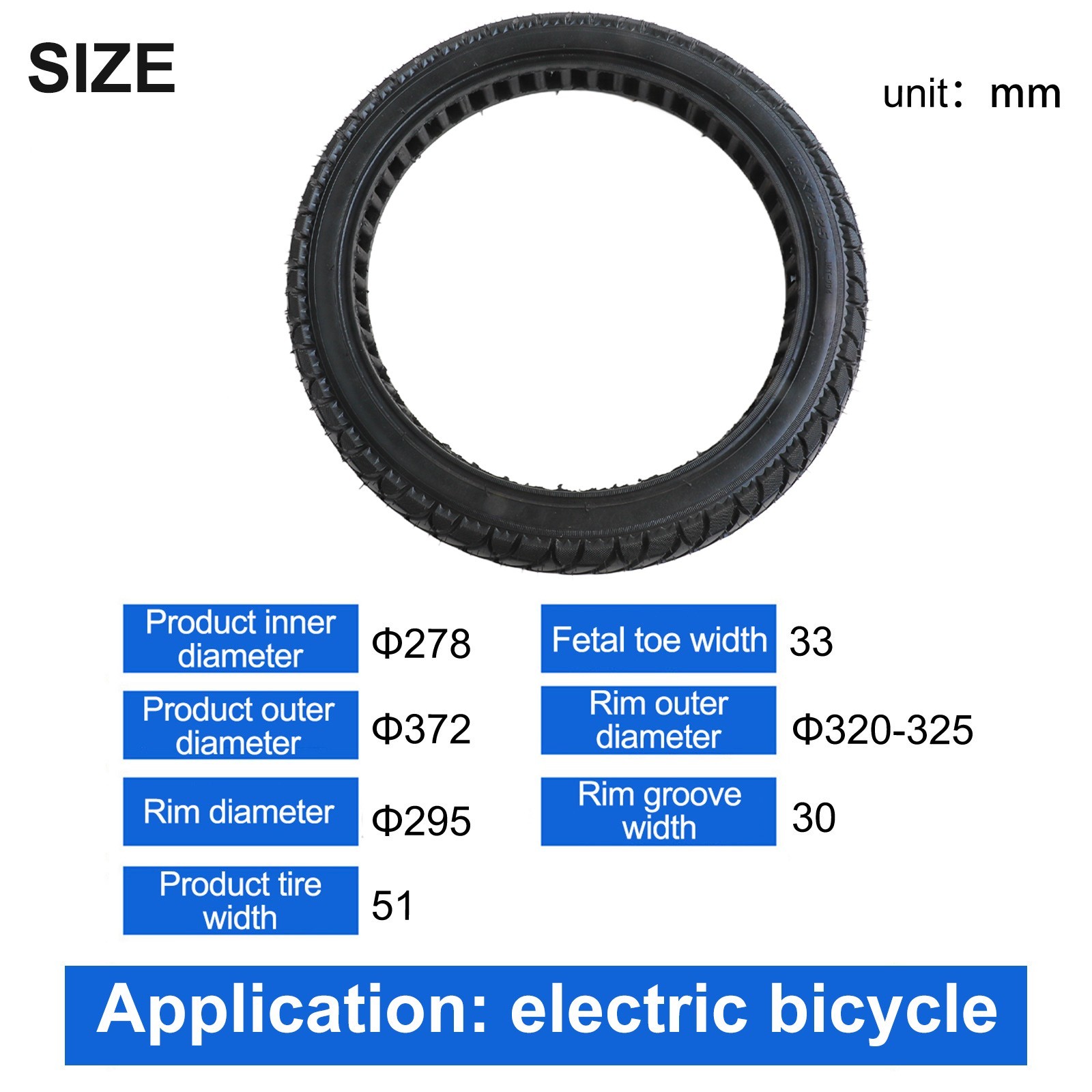 16×2.125 Mountain Bike Solid Tire Black Rubber 325mm Rim Outer Diameter
