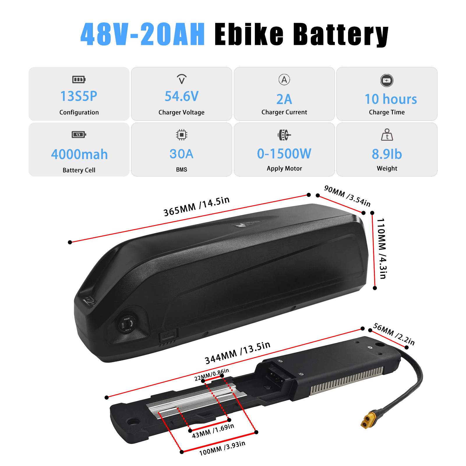 48 Volt Lithium Battery 10Ah 16Ah 20Ah Eb ike Battery, 5-Pin Connector